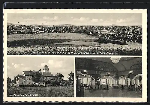 AK Neugersdorf /Sa., Restaurant Felsenmühle mit Saal und , Ortspanorama mit Filipsdorf i. B.