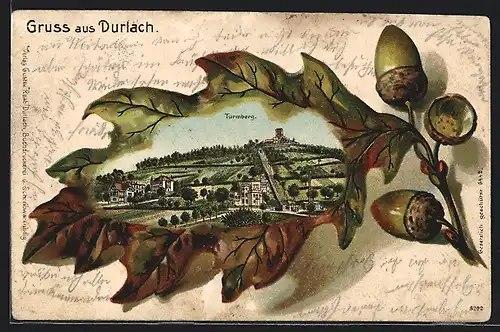 Passepartout-Lithographie Durlach, Teilansicht des Ortes mit Turmberg, Eichenblatt