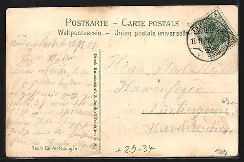 Passepartout-Lithographie Durlach, Teilansicht des Ortes mit Turmberg, Eichenblatt