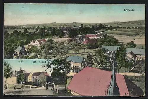 AK Lawalde, Ortspartie mit Haus Carl Heidrich und Kirche, Ortsansicht aus der Vogelschau