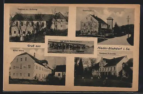 AK Nieder-Bischdorf i. Sa., Gasthaus zur Hoffnug, Gemeindeamt, Mittel Mühle