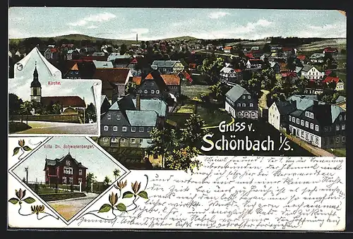 AK Schönbach, Ortsansicht, Kirche, Villa Dr. Schwanenberger