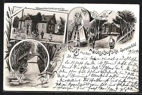 Lithographie Lübbenau /Spreew., Gasthof Wotschofska, Kahnfahrt, Spreewälderin