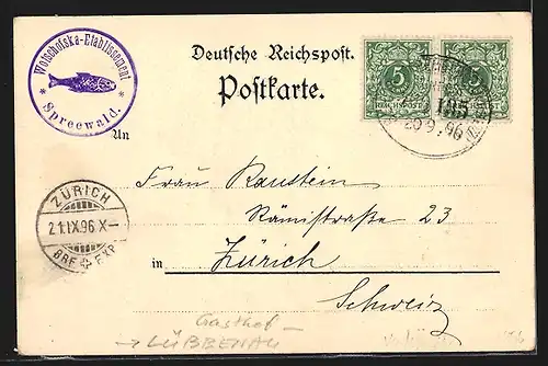 Lithographie Lübbenau /Spreew., Gasthof Wotschofska, Kahnfahrt, Spreewälderin