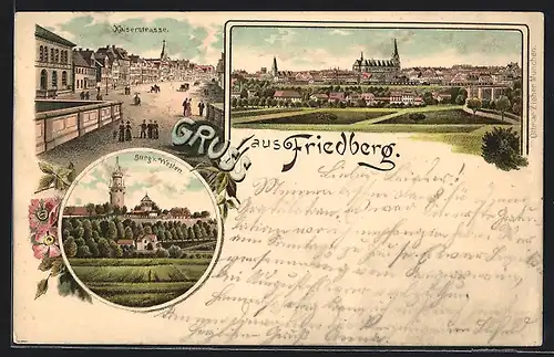 Lithographie Friedberg /Hessen, Kaiserstrasse mit Passanten, Burg von Westen, Ortspanorama