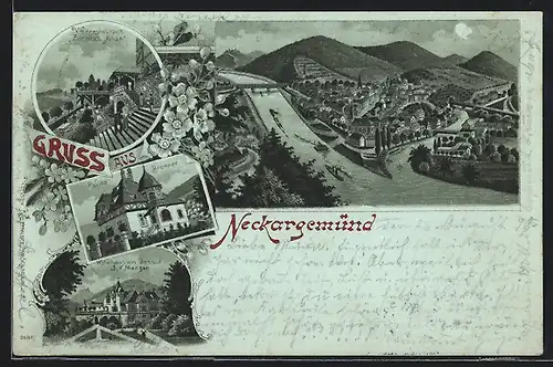 Mondschein-Lithographie Neckargemünd, Villa Bronner, Wohnhaus Consul Menzer, Ortsansicht mit Neckarbrücke
