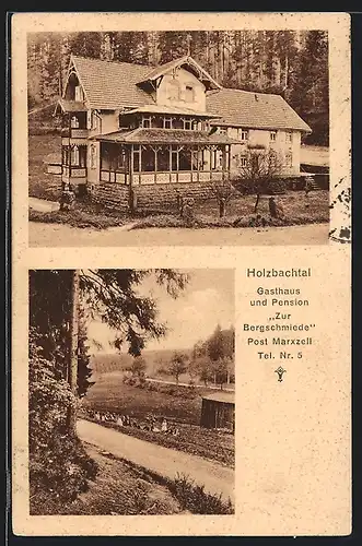 AK Holzbachtal, Gasthaus und Pension Zur Bergschmiede, Partie am Ortsrand mit Leuten auf der Wiese