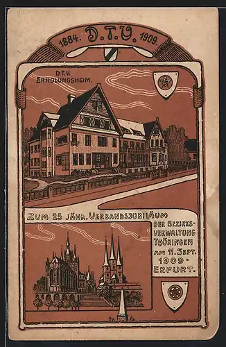 Lithographie Erfurt, Verbandsjubiläum der Bezirksverwaltung Thüringen 1909, DTV Erholungsheim, Dom, Wappen