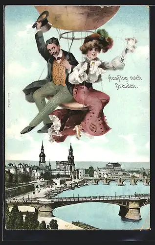 AK Dresden, Fliegendes Paar im Ballon über der Stadt, Elbbrücken