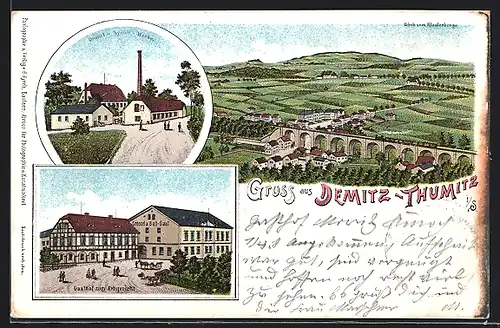 Lithographie Demitz-Thumitz, Gasthof zum Erbgeriech, Granit-Syenit-Werke, Blick vom Klosterberge