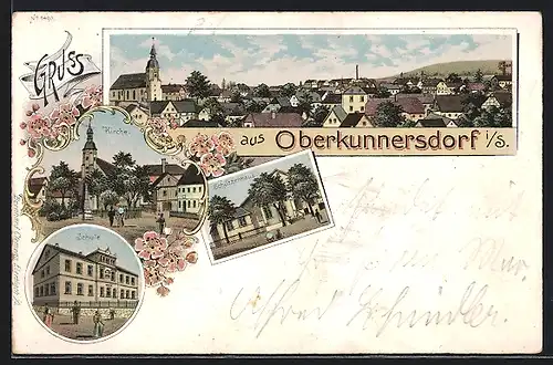 Lithographie Obercunnersdorf, Kirche, Schützenhaus, Schule, Totalansicht
