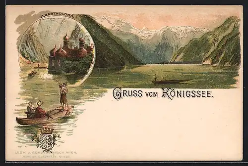 Lithographie Königssee, Blick auf St. Bartholomä, Boot auf dem See