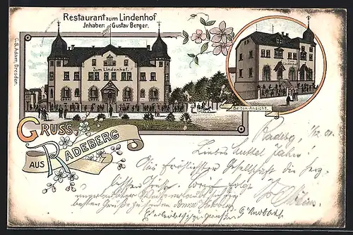 Lithographie Radeberg, Restaurant zum Lindenhof Gustav Berger, Seitenansicht