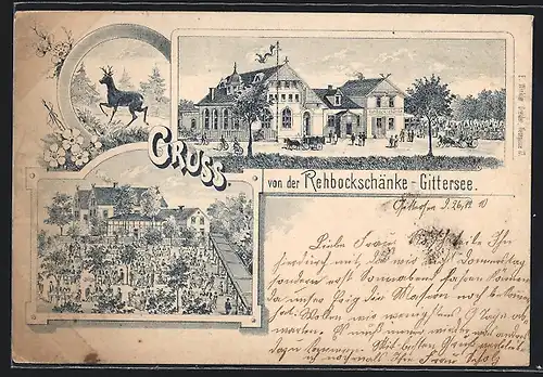 Lithographie Dresden-Gittersee, Gasthaus Rehbockschänke-Gittersee, Garten