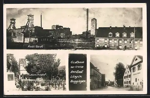 AK Buggingen bei Müllheim, Kaliwerk aus der Vogelschau, Strassenpartie mit Gasthaus, Ehrenfriedhof