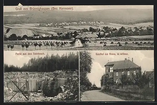 AK Brünnighausen /Bez. Hannover, Partie aus dem Steinbruch, Gasthof zur Krone W. Willmer, Gesamtansicht