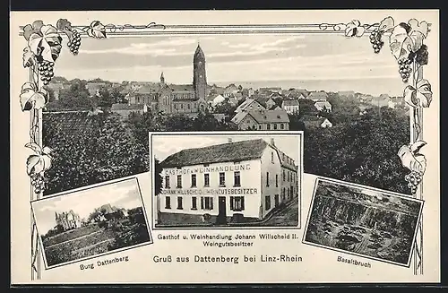 Passepartout-AK Dattenberg, Basaltbruch, Burg, Ortsansicht