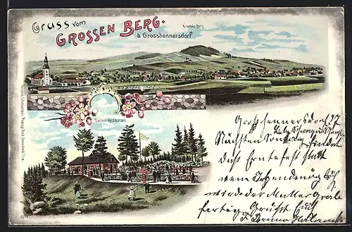 Lithographie Grosshennersdorf, Gasthaus zum Grossen Berg, Panoramablick auf den Ort