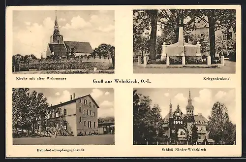 AK Wehrkirch, Kirche, Bahnhofs-Empfangsgebäude, Schloss Nieder-Wehrkirch, Kriegerdenkmal