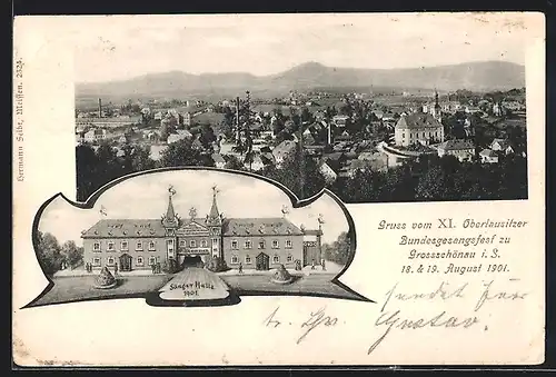 AK Grossschönau i. S., XI. Budesgesangsfest 1901, Sängerhalle, Ortsansicht aus der Vogelschau