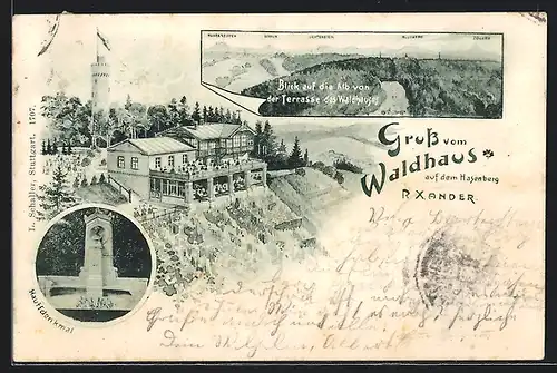 AK Hasenberg, Gasthaus Waldhaus auf dem Hasenberg, Hauffdenkmal