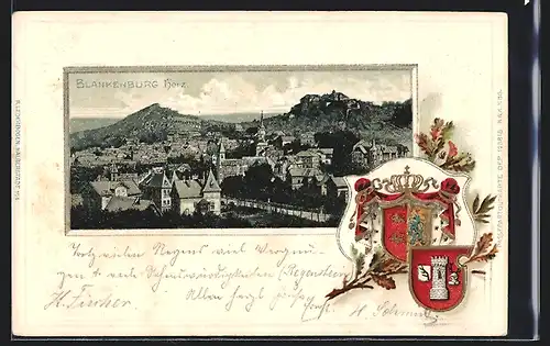 Passepartout-Lithographie Blankenburg /Harz, Panoramablick auf die Ortschaft, Wappen