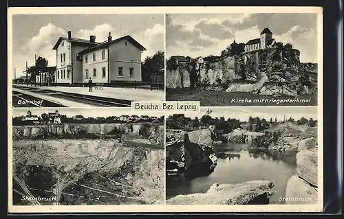 AK Beucha /Bez. Leipzig, Bahnhof, Steinbruch, Kirche mit Kriegerdenkmal