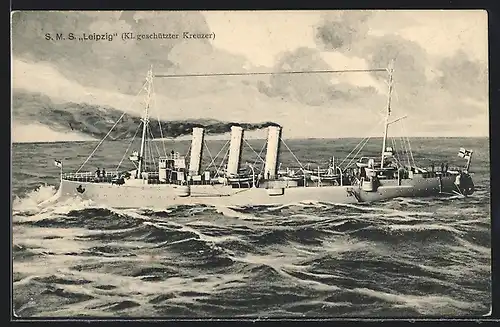 AK Kl. geschützter Kreuzer SMS Leipzig vom Ostasiengeschwader auf hoher See
