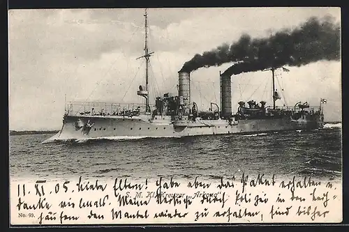 AK SM Kl. Kreuzer Arkona vom Ostasiengeschwader unter Volldampf