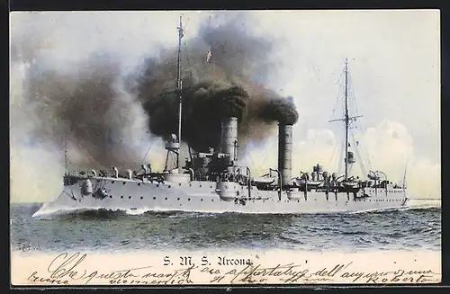 AK Kriegsschiff SMS Arcona vom Ostasiengeschwader unter Volldampf