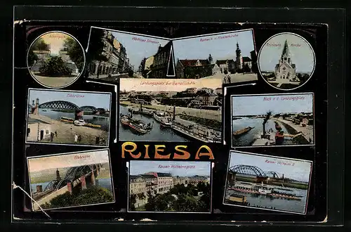 AK Riesa, Elbbrücke, Landungsplatz der Dampfschiffe, Wettiner Strasse