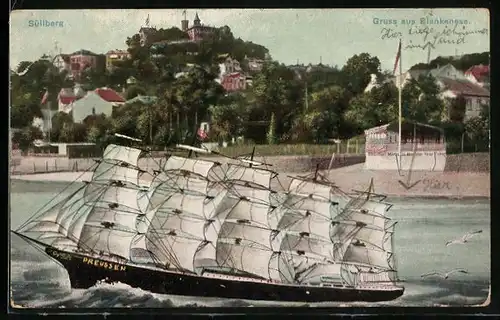 AK Hamburg-Blankenese, Fünfmaster Preussen passiert den Süllberg