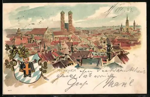 Lithographie München, Teilansicht mit Frauenkirche, Wappen