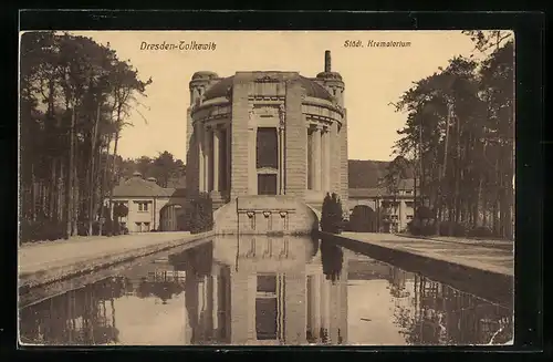 AK Dresden-Tolkewitz, Städt. Krematorium mit Teich