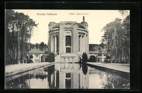 AK Dresden-Tolkewitz, Städt. Krematorium mit Teich