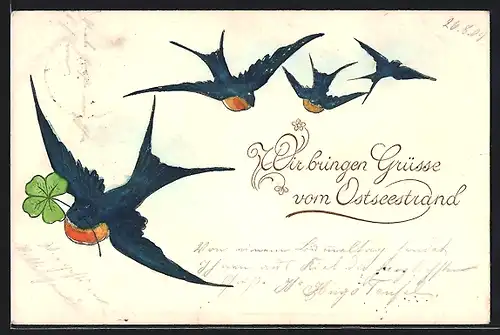 Präge-AK Fliegende Schwalben mit Kleeblatt