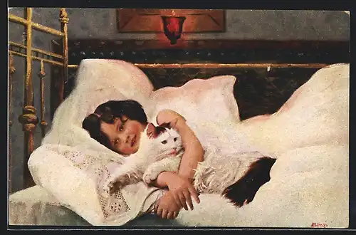 AK Mädchen mit Katze im Bett