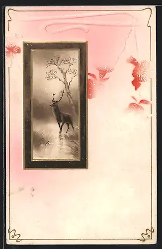 Präge-AK Hirsch in Auenlandschaft