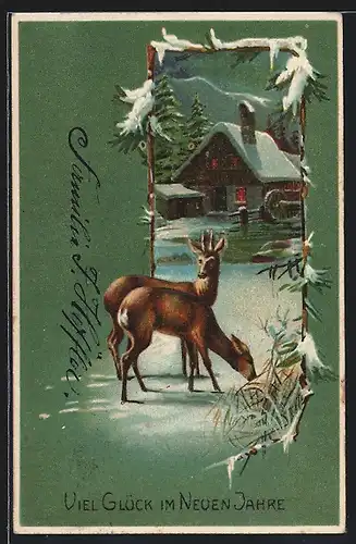 Präge-AK Rehe im Schnee, Neujahrsgruss
