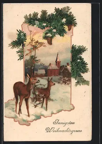 AK Rehe im Schnee vor einer Ortschaft, Weihnachtsgruss