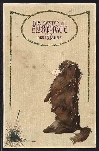AK Kleiner Hund mit Brief, Neujahrsgruss