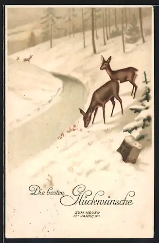 AK Rehe am Flussufer im Winter, Neujahrsgruss