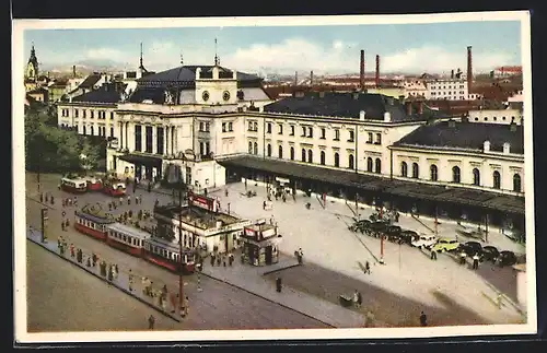 AK Brünn, Bahnhof mit Strassenbahn