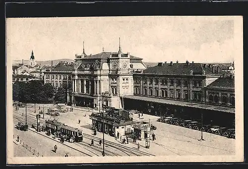 AK Brünn, Strassenbahn macht Station am Bahnhof