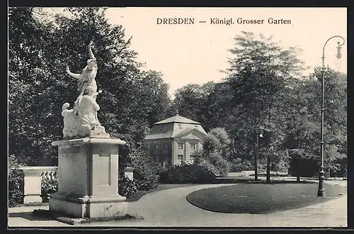 AK Dresden, Grosser Garten, Ortspartie mit Statue