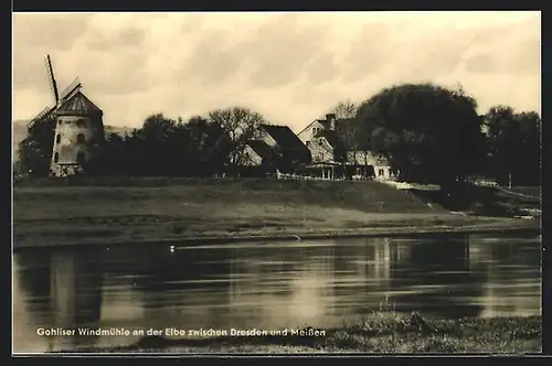 Foto-AK Dresden, Gohliser Windmühle mit Elbe