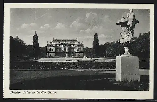 AK Dresden, Grosser Garten, Palais mit Statue