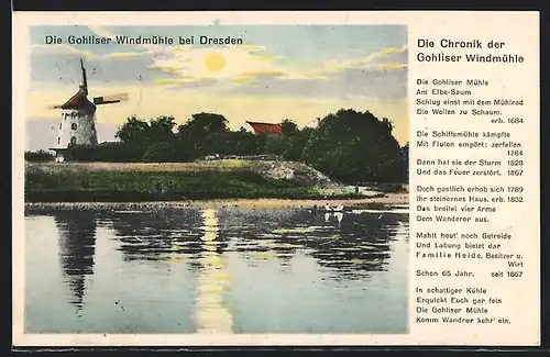 AK Dresden, Gohliser Windmühle am Elbe-Saum