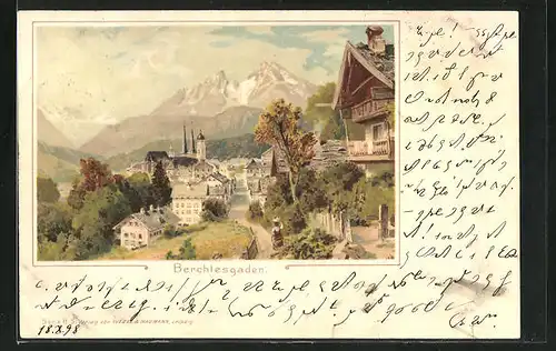 Lithographie Berchtesgaden, Frau auf dem Weg in den Ort