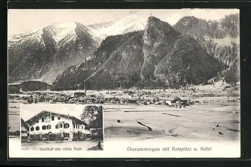 AK Oberammergau, Gasthof zur alten Post, Teilansicht mit Notspitze und Kofel